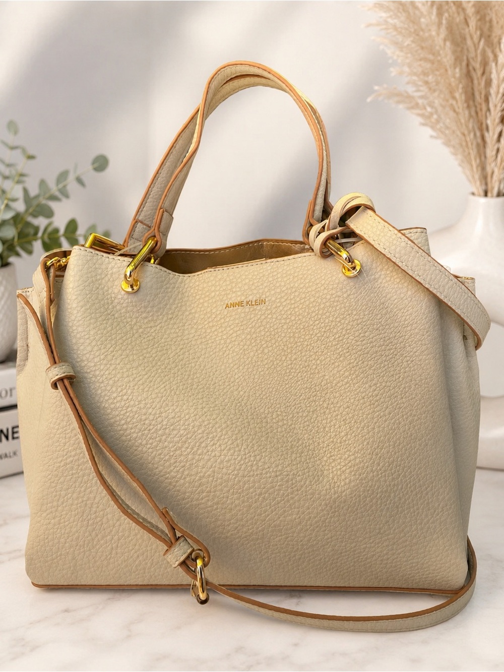 Anne Klein Cream Pebbled Alissa Midi Satchel